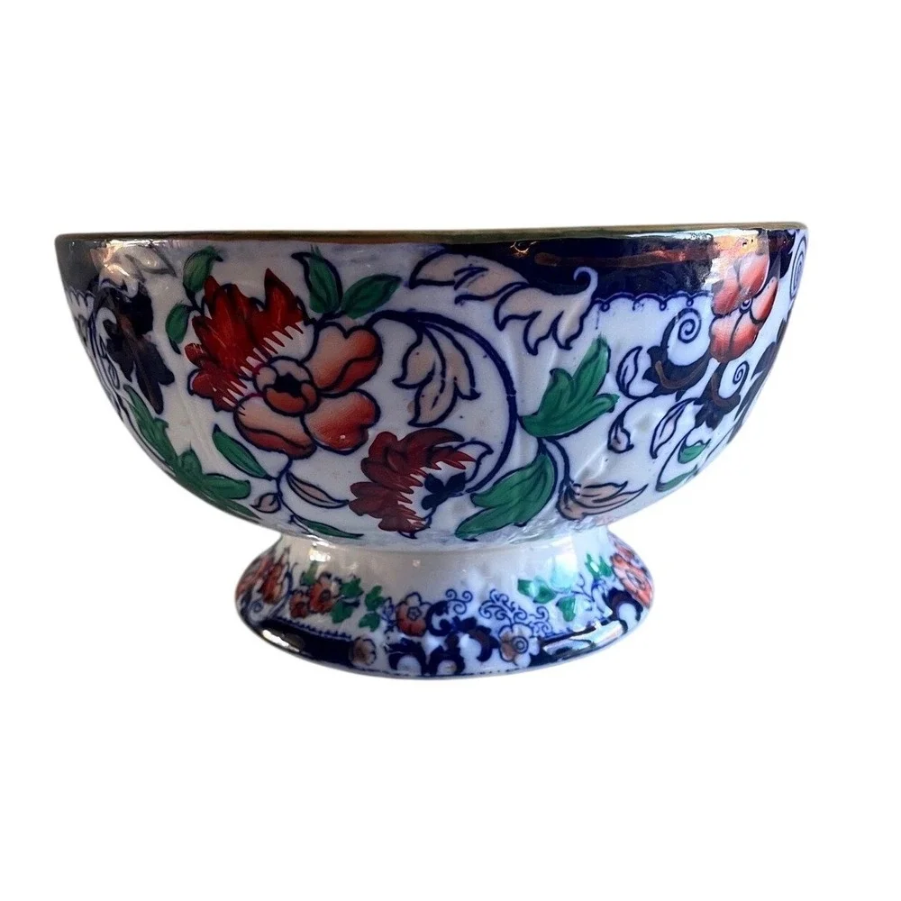 Antique 1800s Amherst Japan Ironstone Pedestal Bowl Imari Inspired Pattern White